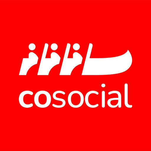 White stylized canoe with three paddlers and the word cosocial on a red background.